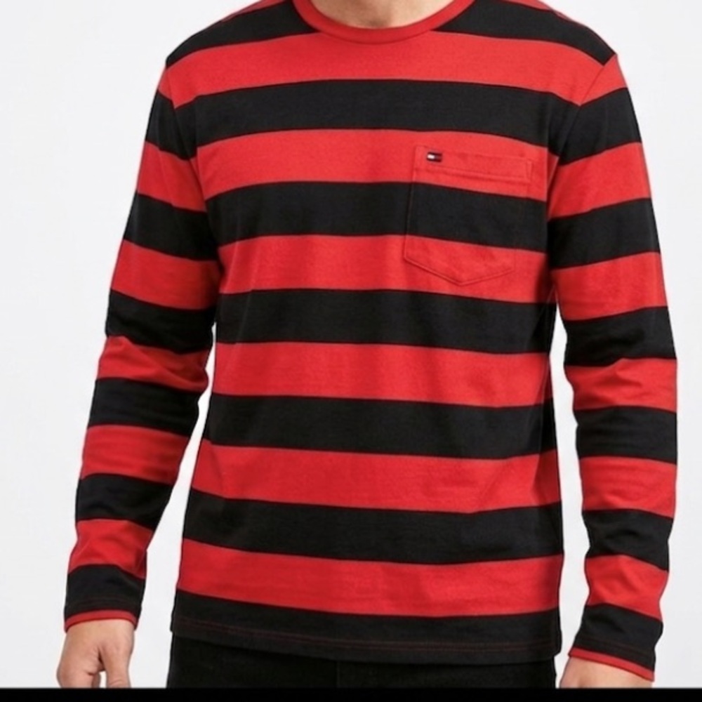 Tommy Hilfiger Red Black Horizontal Stripe Long Sleeve T-Shirt Size Large L